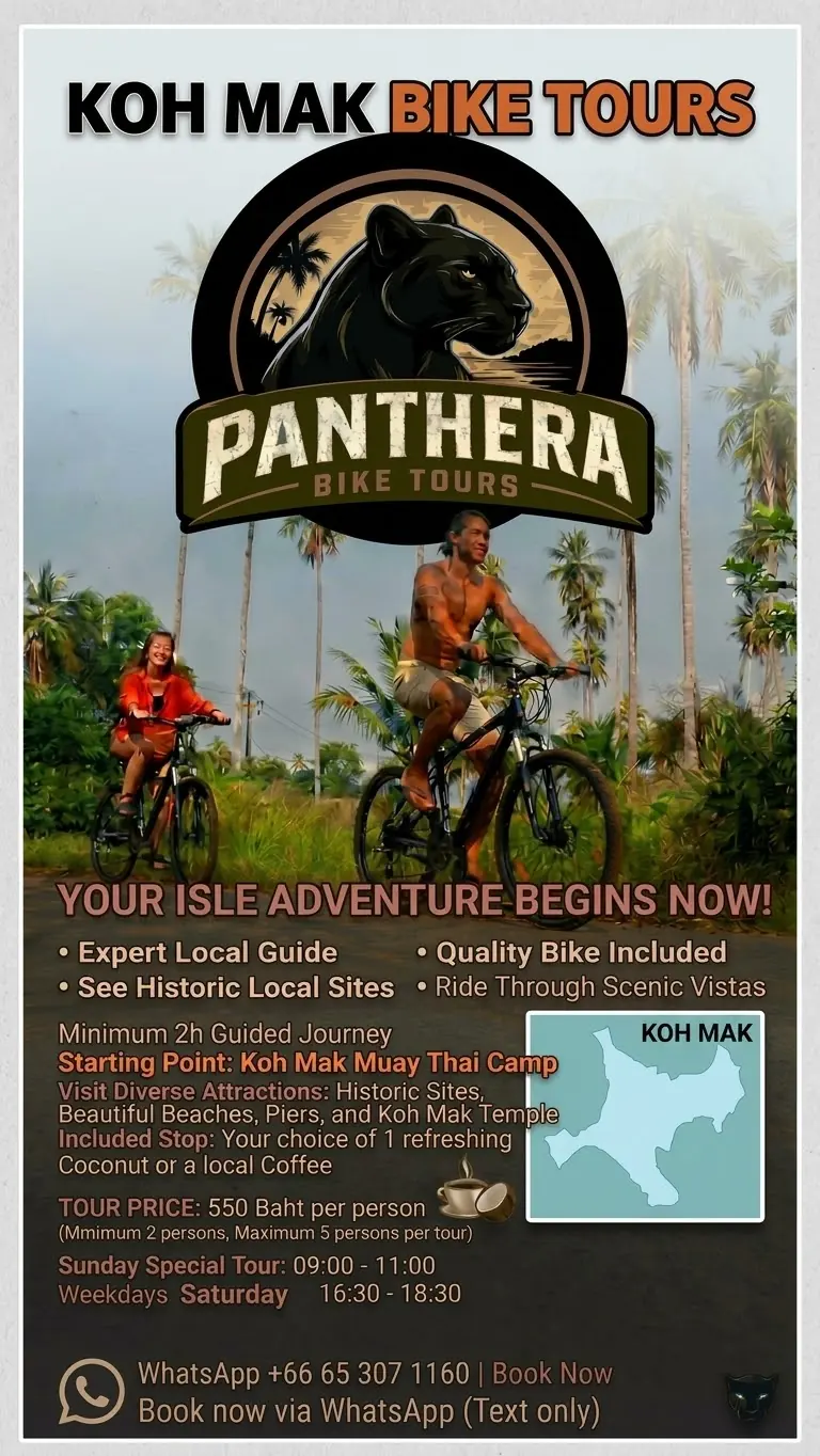 Panthera Bike Tours poster — guided bike tours on Koh Mak, 550 Baht per person, starting at Koh Mak Muay Thai Camp