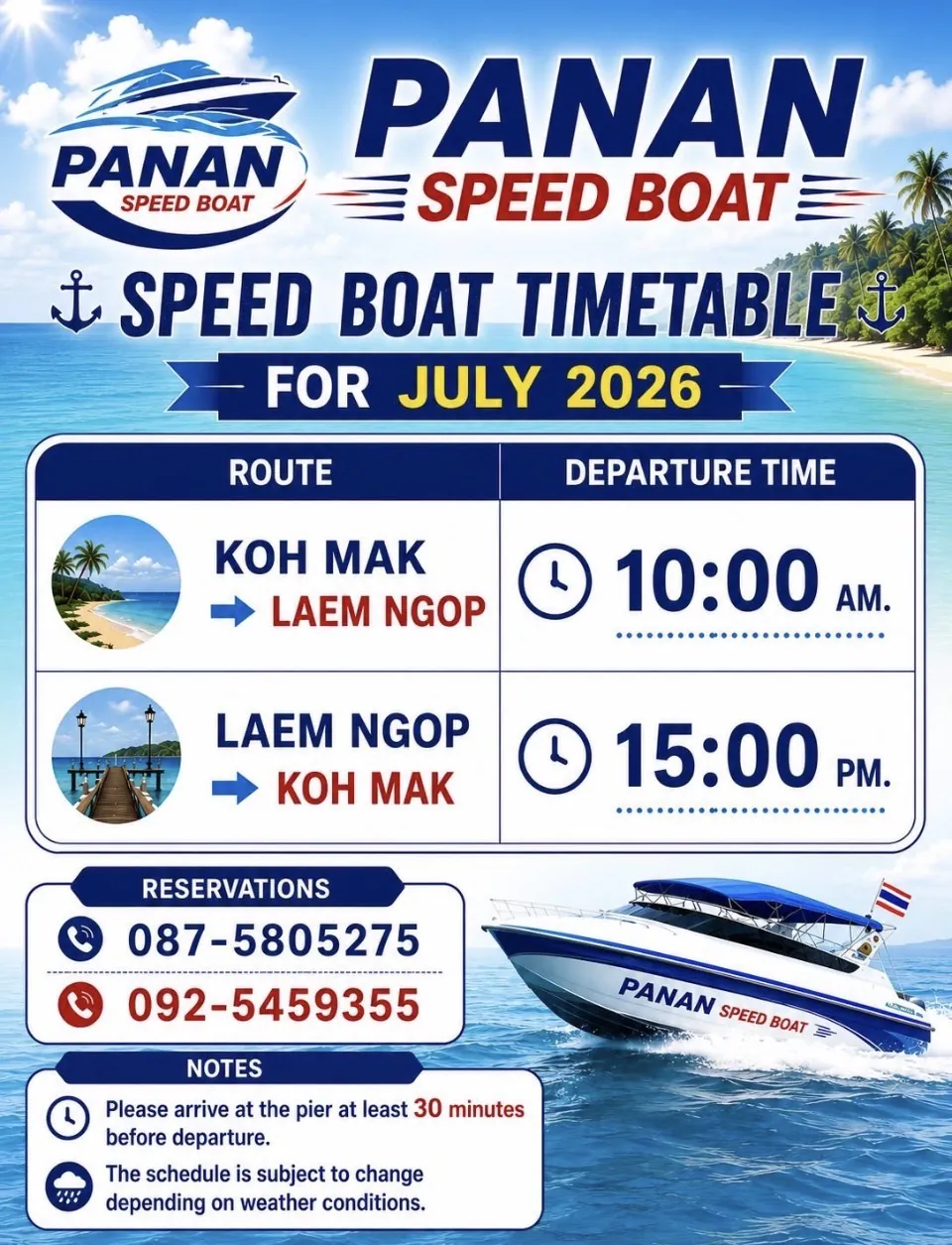 Panan Speed Boat timetable for July 2026 — Koh Mak to Laem Ngop departures