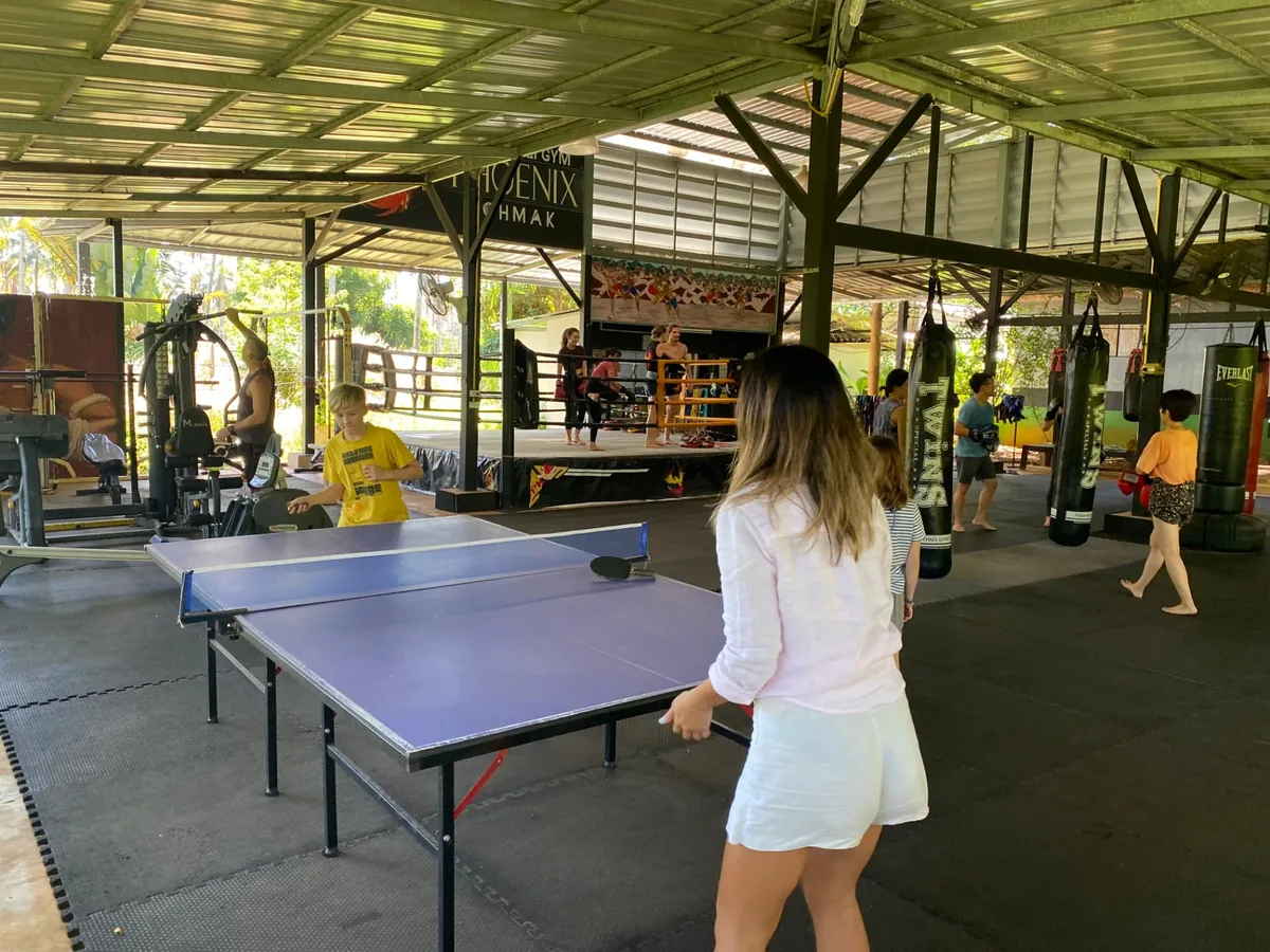 Phoenix Gym Koh Mak open-air training space with table tennis and boxing bags
