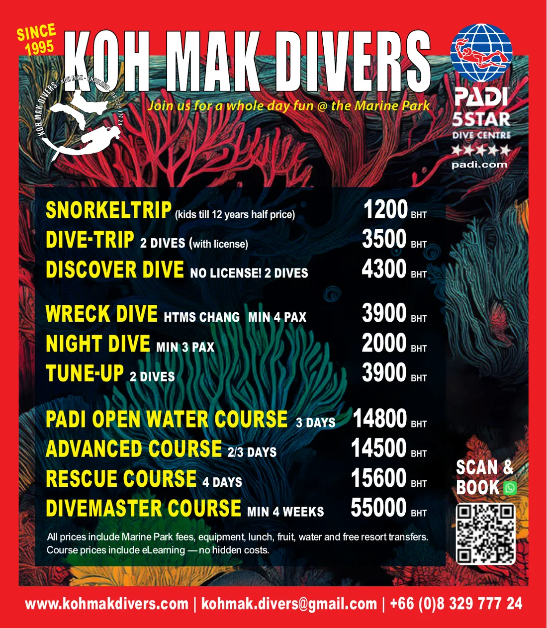 Koh Mak Divers price list poster with snorkelling and diving trips, the HTMS Chang wreck dive, a night dive and PADI courses, each with its price in Thai baht