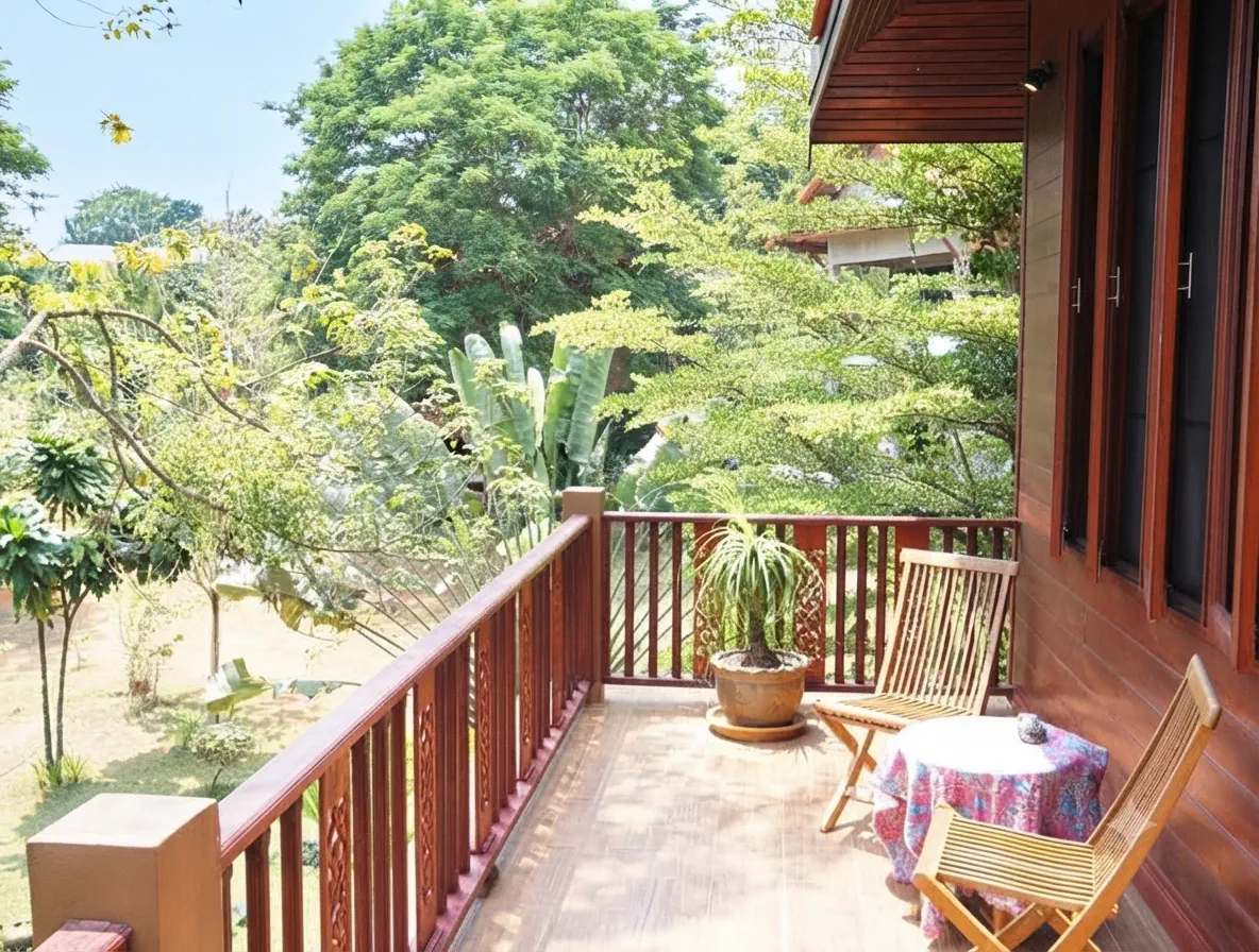 Private wooden terrace with chairs overlooking the tropical garden at Pineapple Villa on Koh Mak