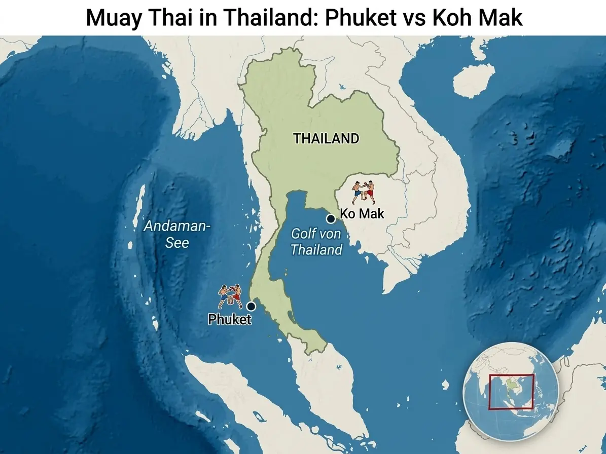 Map of Thailand showing Phuket on the Andaman Sea and Koh Mak in the Gulf of Thailand, each marked with a Muay Thai boxer icon