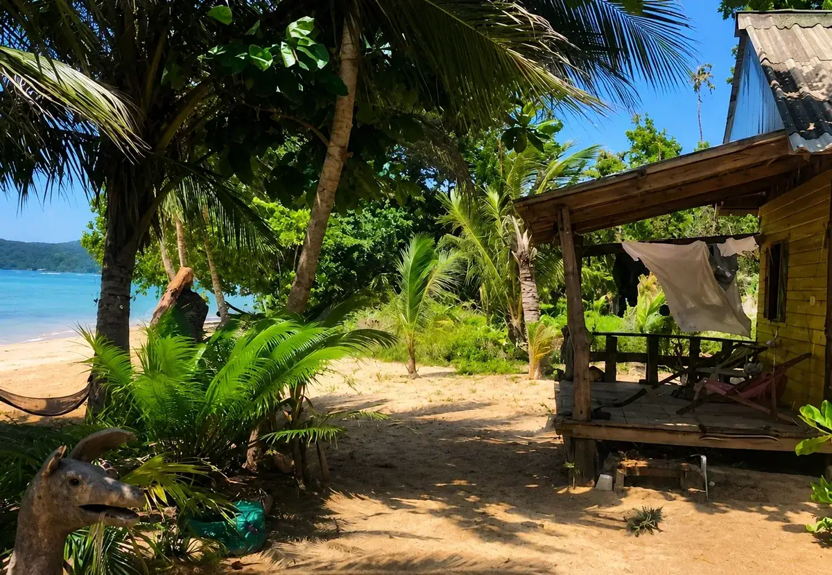 Basic wooden Island Hut beneath coconut palms beside the beach on Koh Mak, Thailand