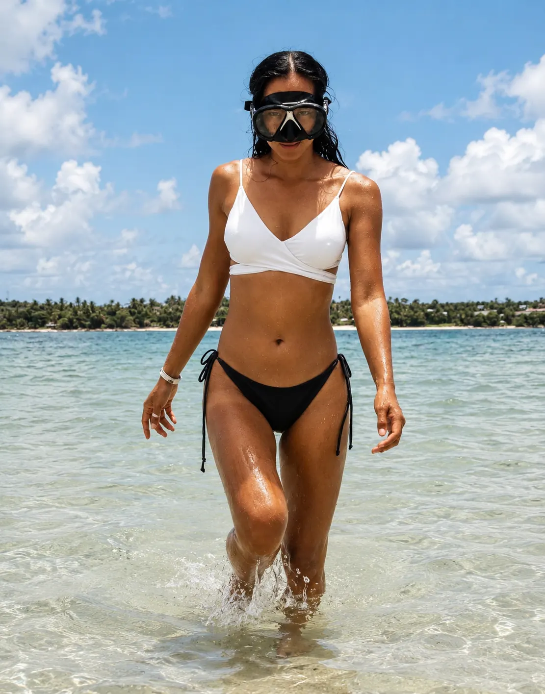 Snorkeler stepping out of clear shallow water