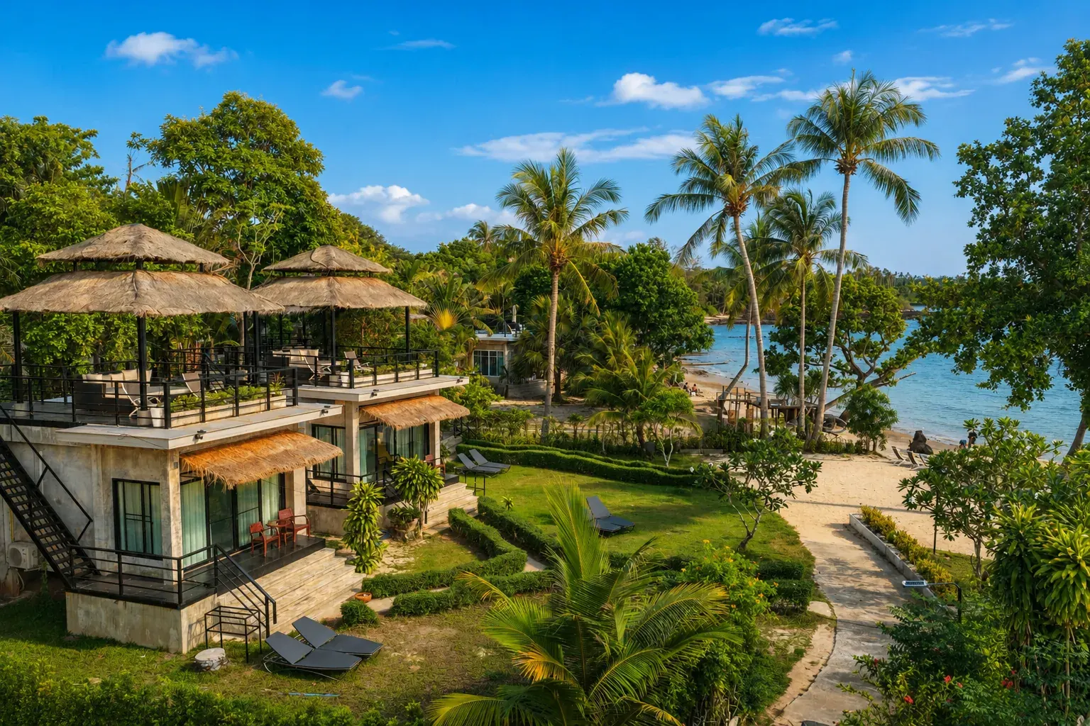 White Sand Resort villas among palms at sunset on Ao Kao beach
