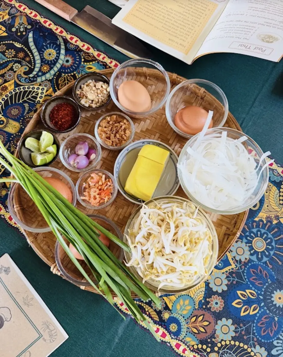 Fresh Pad Thai ingredients arranged for a cooking class on Koh Mak