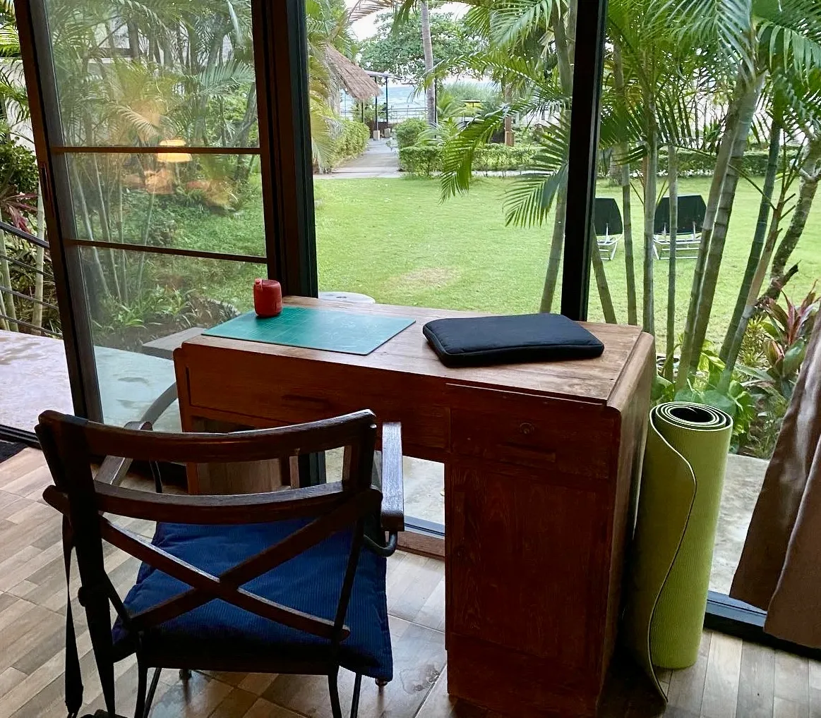 Work desk with garden and sea view at the Owners Beachfront Villa, Koh Mak, Thailand