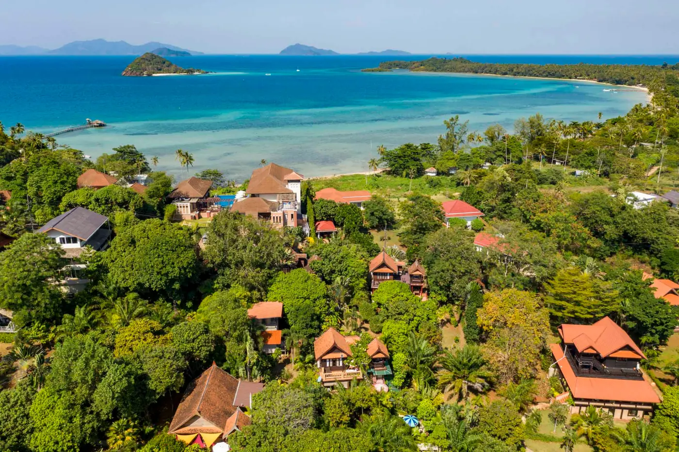Aerial birdview of Koh Mak Sports Village resort and turquoise sea
