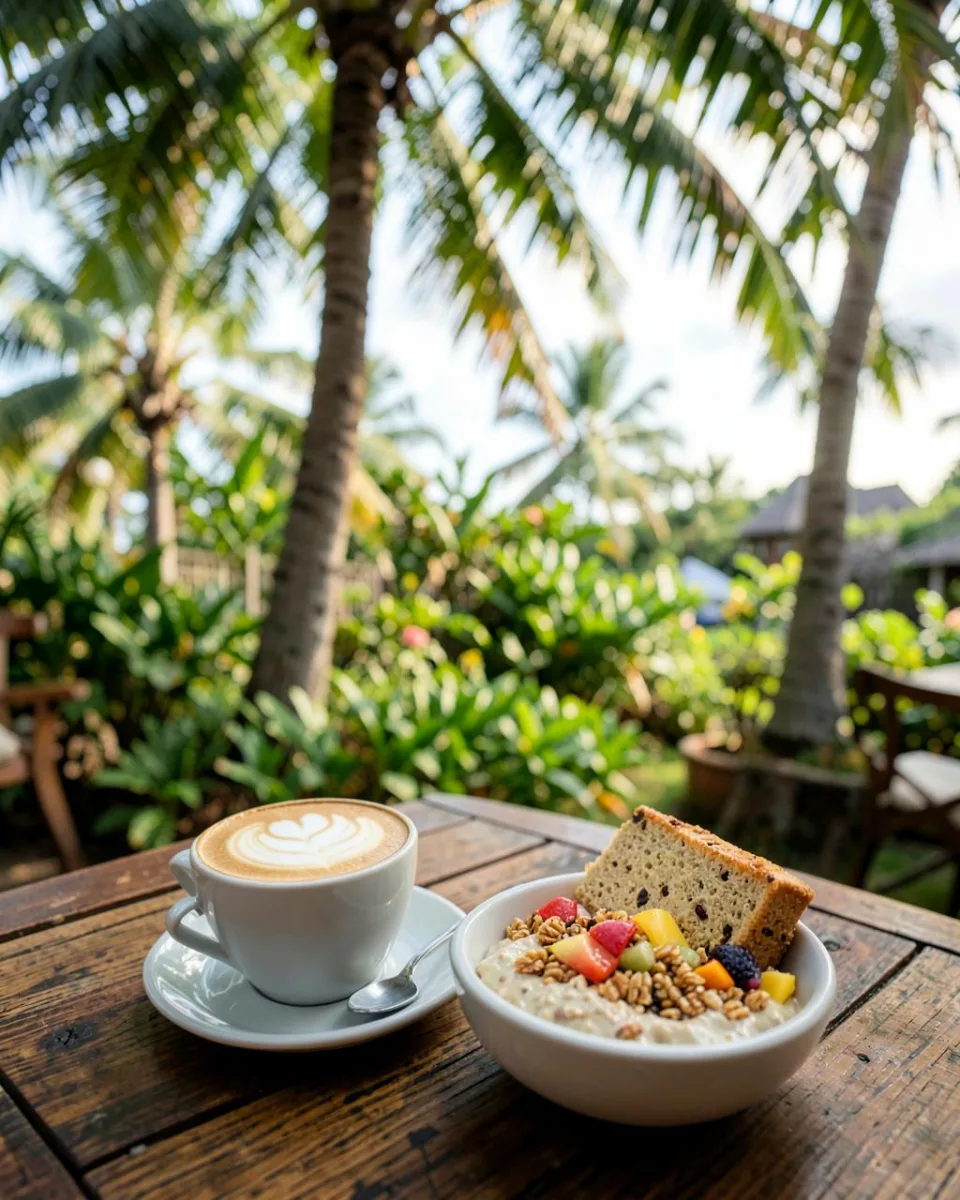 Cappuccino, oatmeal with granola and fresh fruit, and homemade cake at Ball Café, Koh Mak