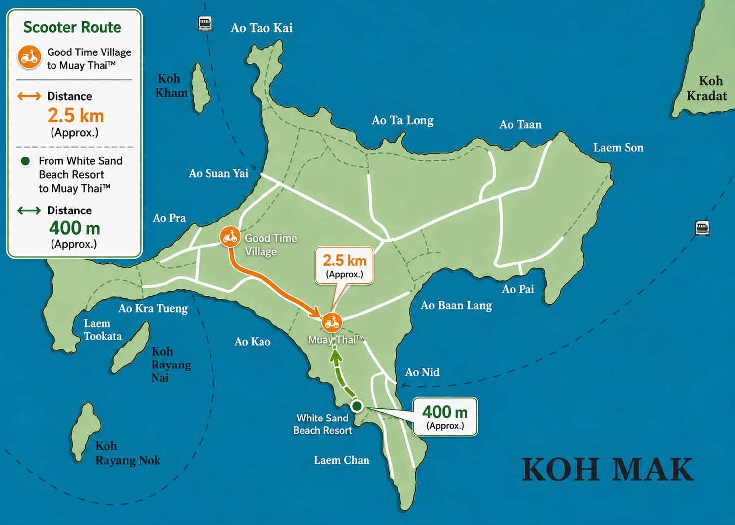 Map of scooter routes to the Muay Thai gym on Koh Mak
