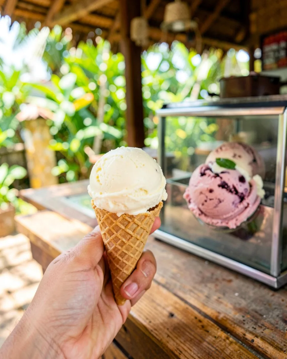 Creamy vanilla and rum raisin gelato scoops in waffle cones at Island Gelato, Koh Mak