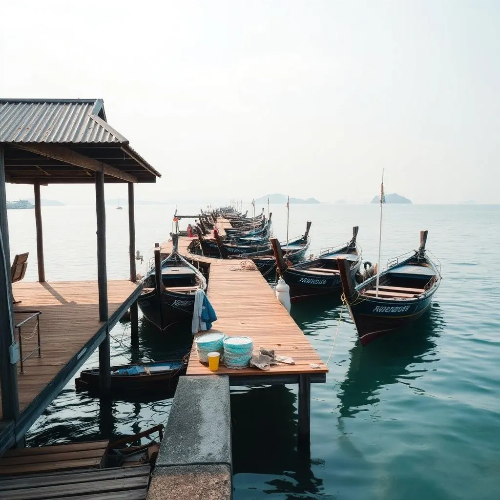 Wooden Thai longtail fishing boats moored at the Ao Nid pier