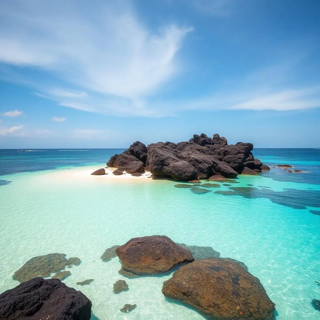 Black volcanic rocks meet turquoise water at Koh Kham islet near Koh Mak