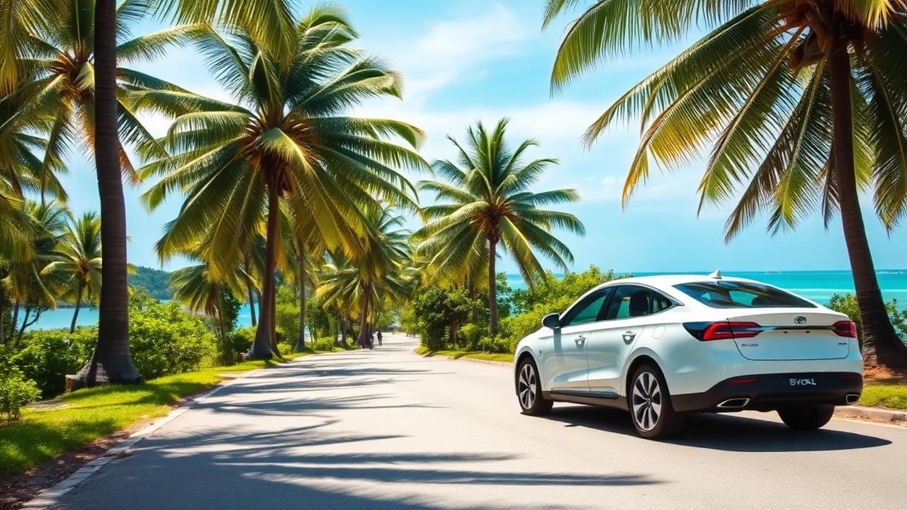 White BYD Seal electric sedan on a palm-lined coastal road in tropical Thailand