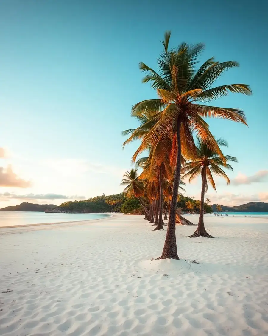 Beach with leaning palms at sunset on Koh Mak