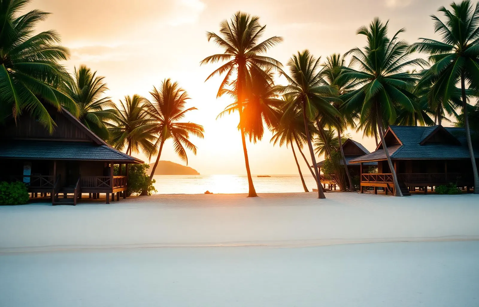 White Sand Resort villas among palms at sunset on Ao Kao beach